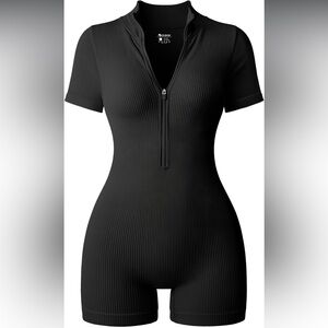 OQQ Rompers Ribbed Short Sleeve Zip Front Stretch Tummy Control Black NEW